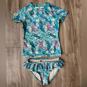 TEA girls swim suit SS rashguard bikini bottoms ruffle Size 7 Floral